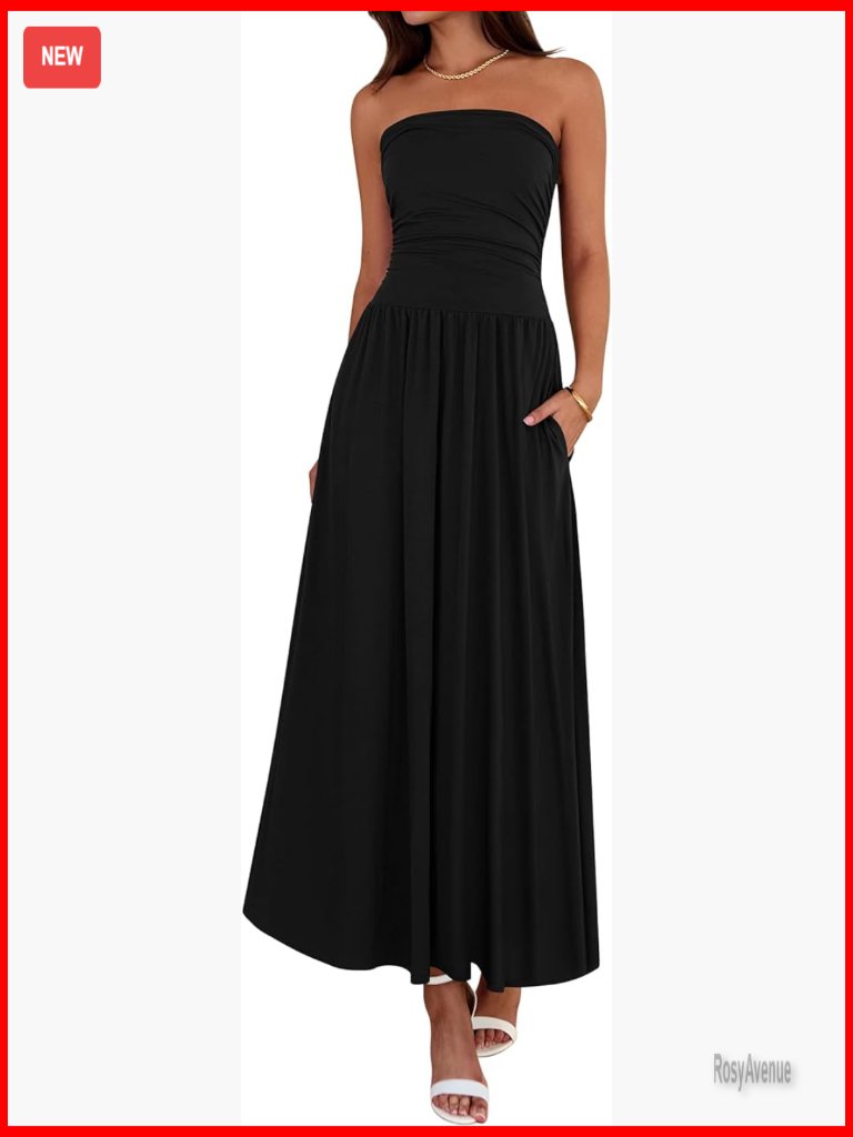 Strapless Ruched Maxi Dress With Pockets, Tube Top, Silicone Grip